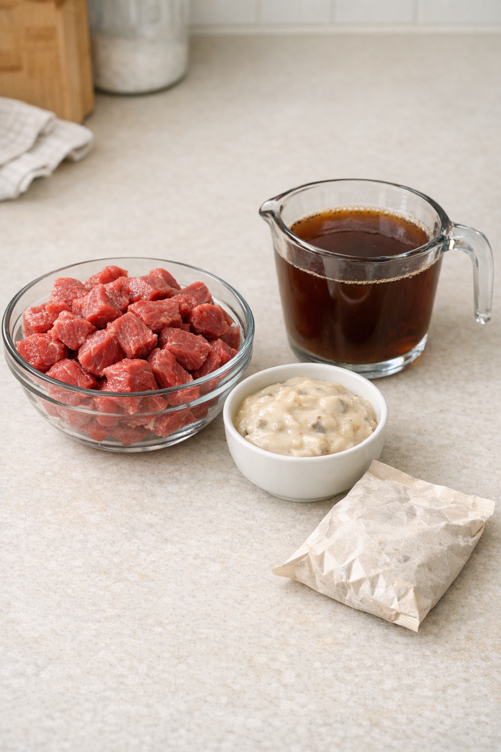 Main ingredients for baked beef casserole