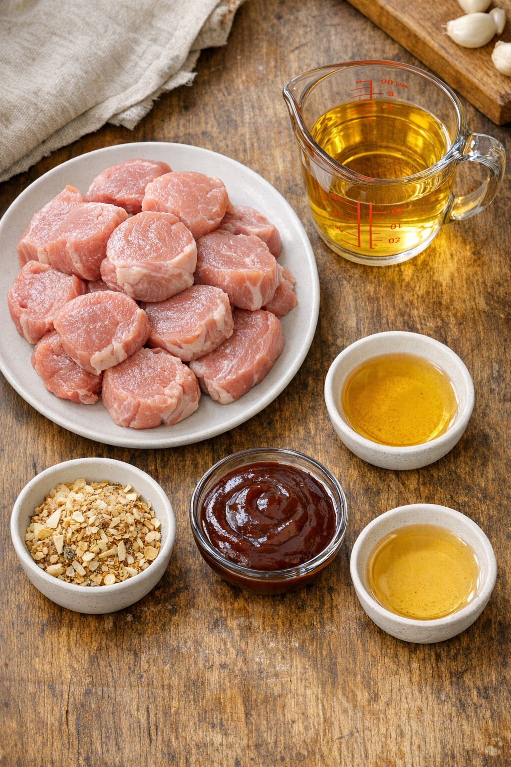 Main ingredients for slow cooker pork laid out on a counter