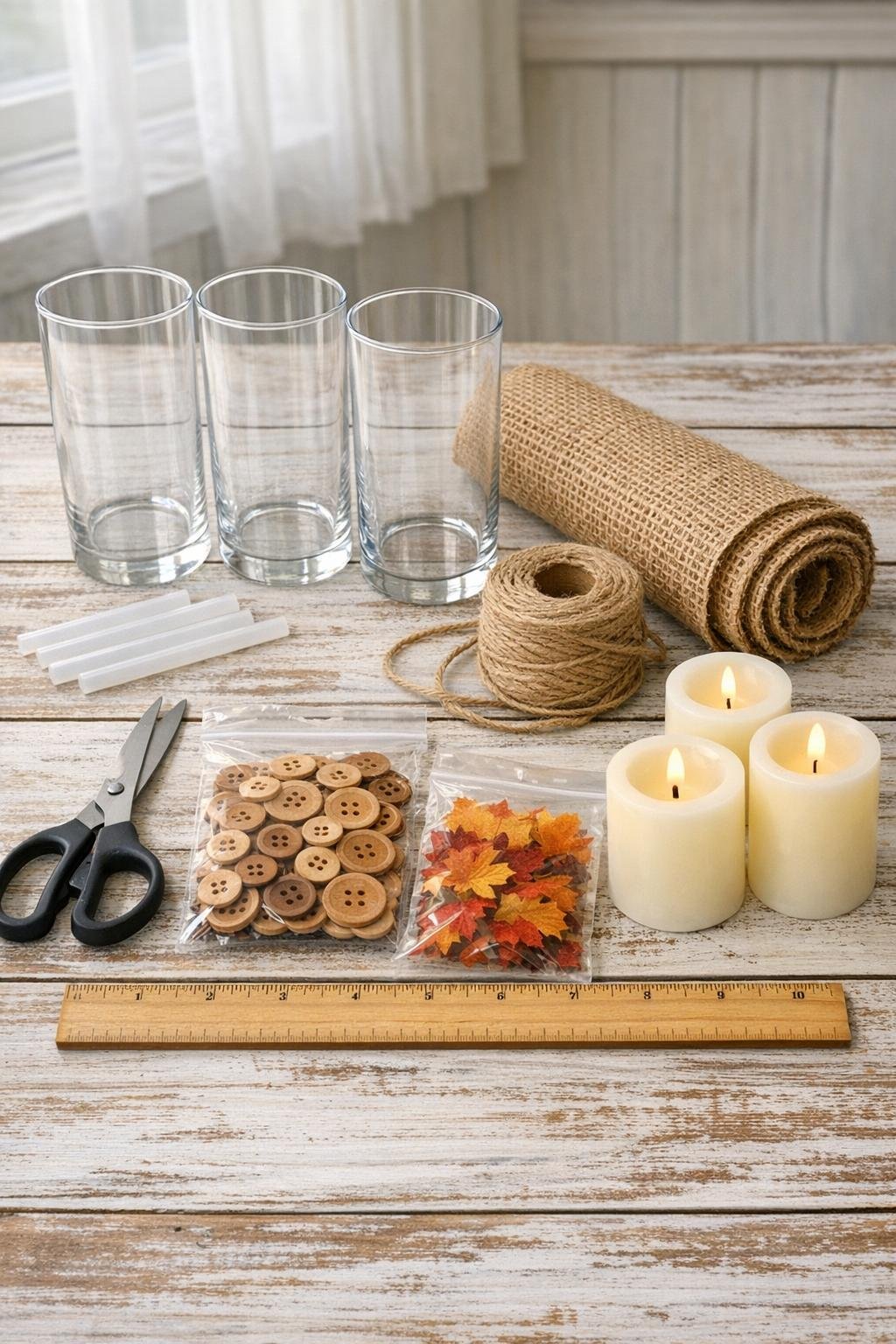 Materials for making burlap-wrapped harvest candle holders laid out on a table