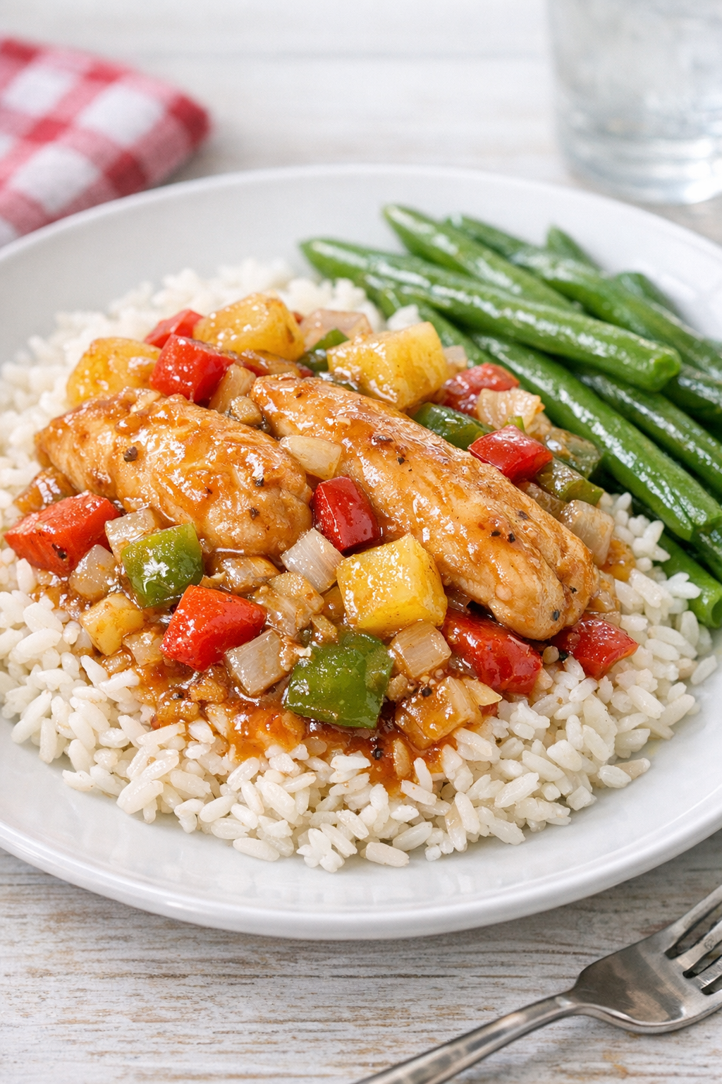 Plated slow cooker chicken with rice and green beans