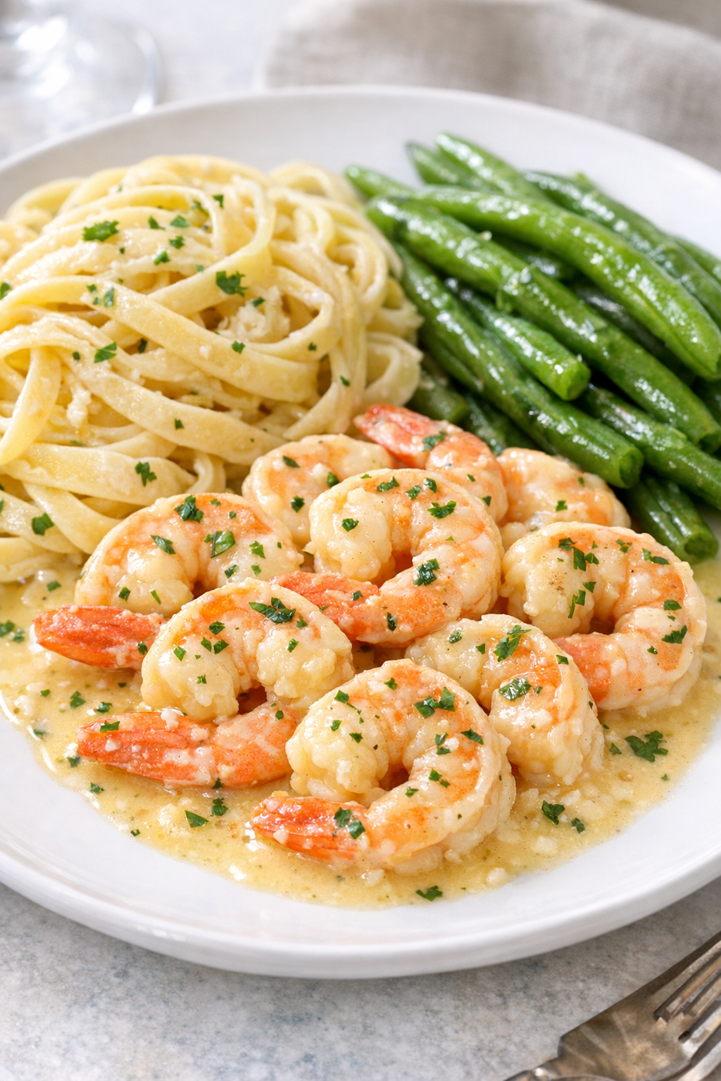 Plated creamy garlic butter shrimp with sides