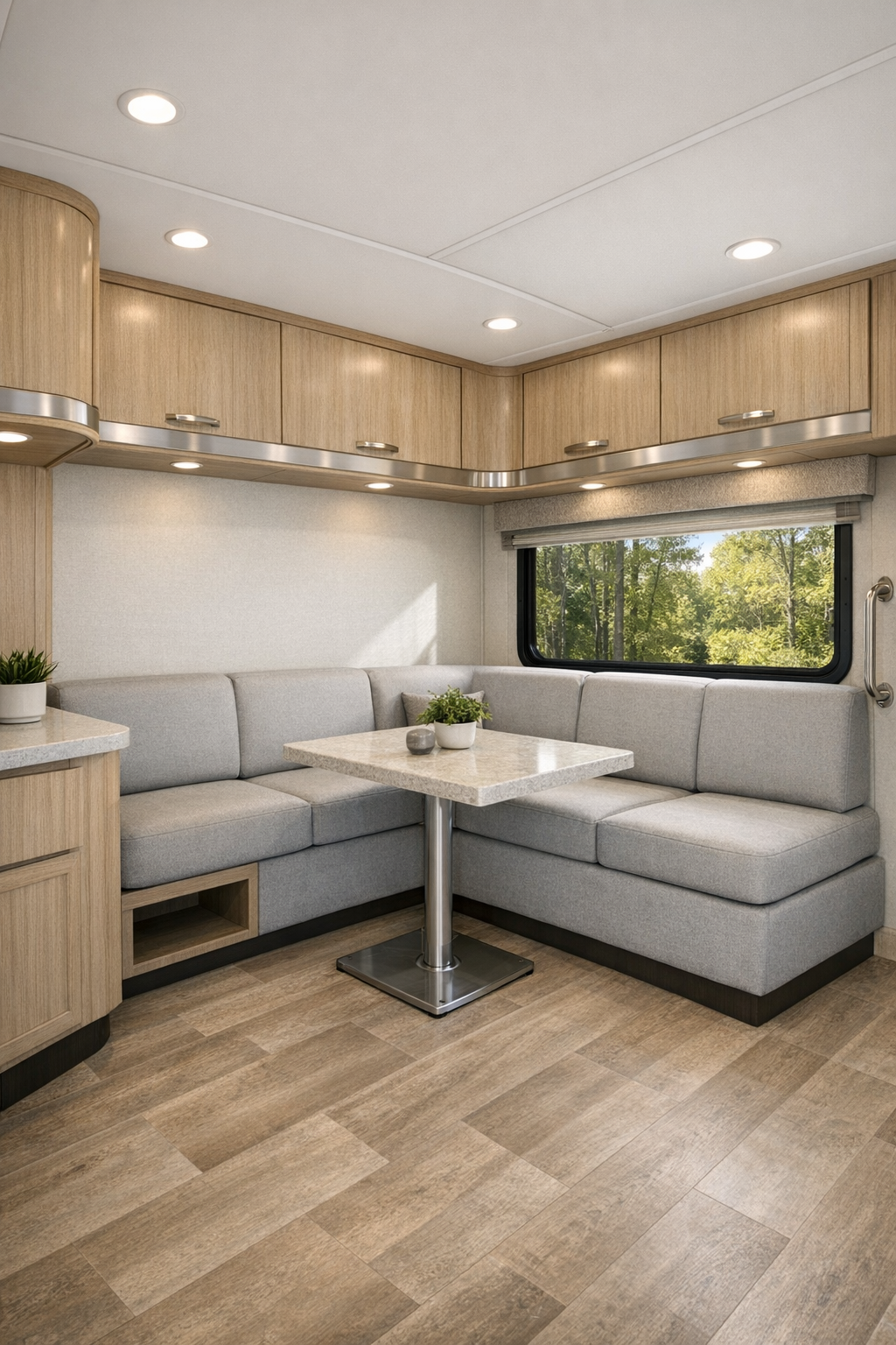 Accessible RV living room with built-in seating, pale gray upholstery, light oak cabinetry, and brushed aluminum accents