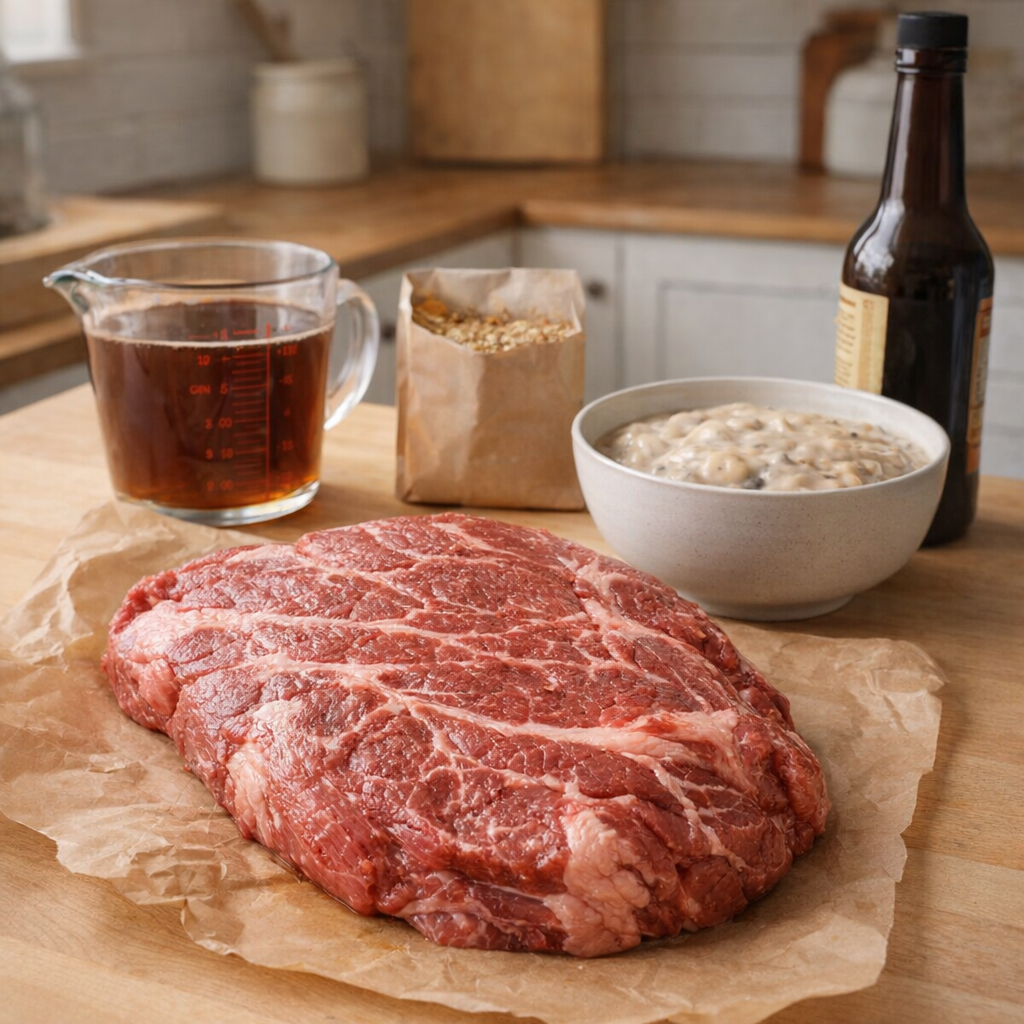 Pantry ingredients gathered for chuck roast bake
