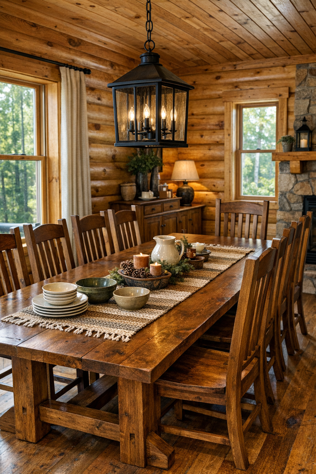 Warm rustic dining room with handcrafted wood table and lantern-style light