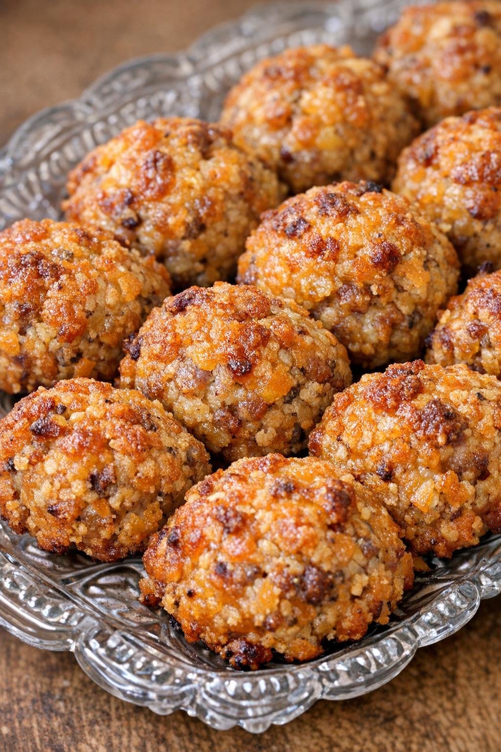 Baked savory cracker balls on a vintage glass tray