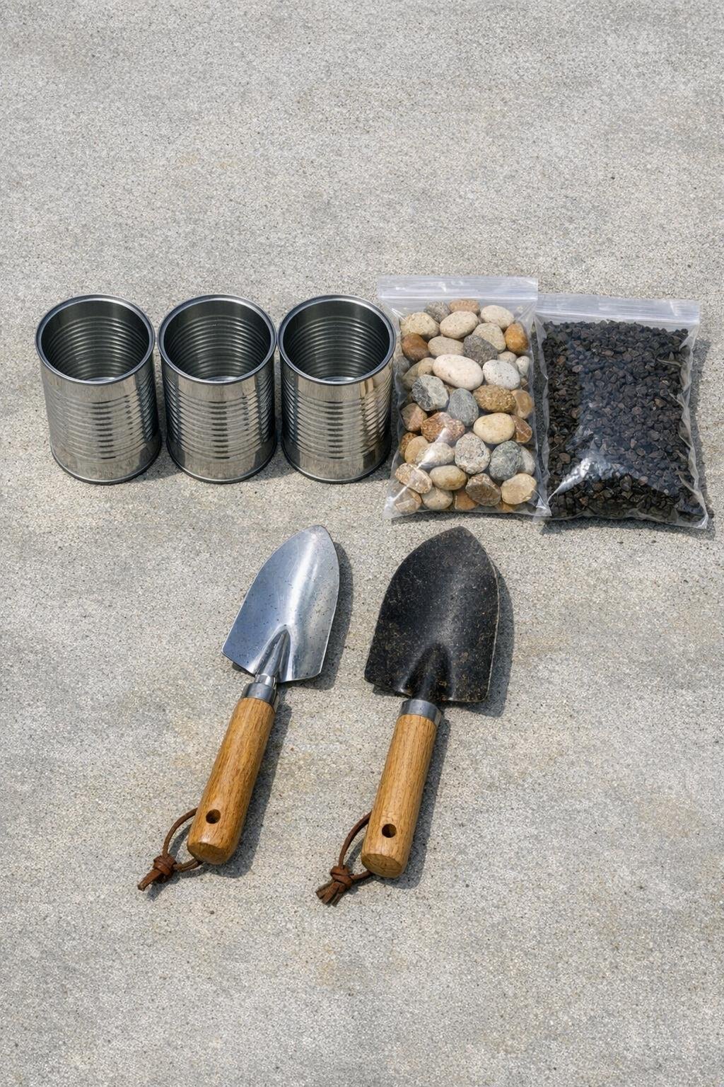 Materials for a buried aluminum soup can slug and snail trap