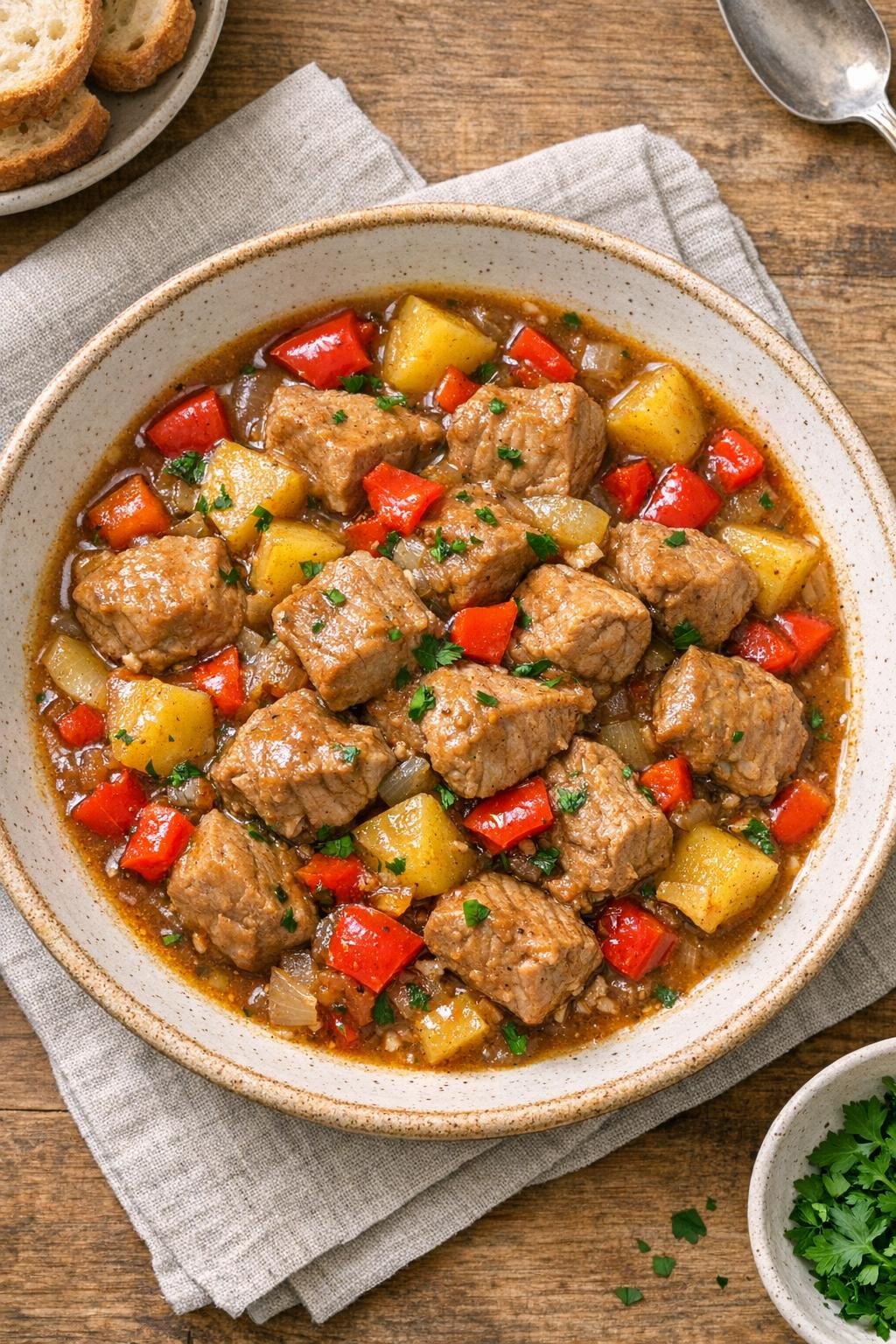 Finished slow cooker pork stew served in a bowl