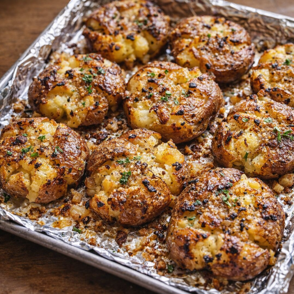 Tray of crispy smashed potatoes fresh from the oven