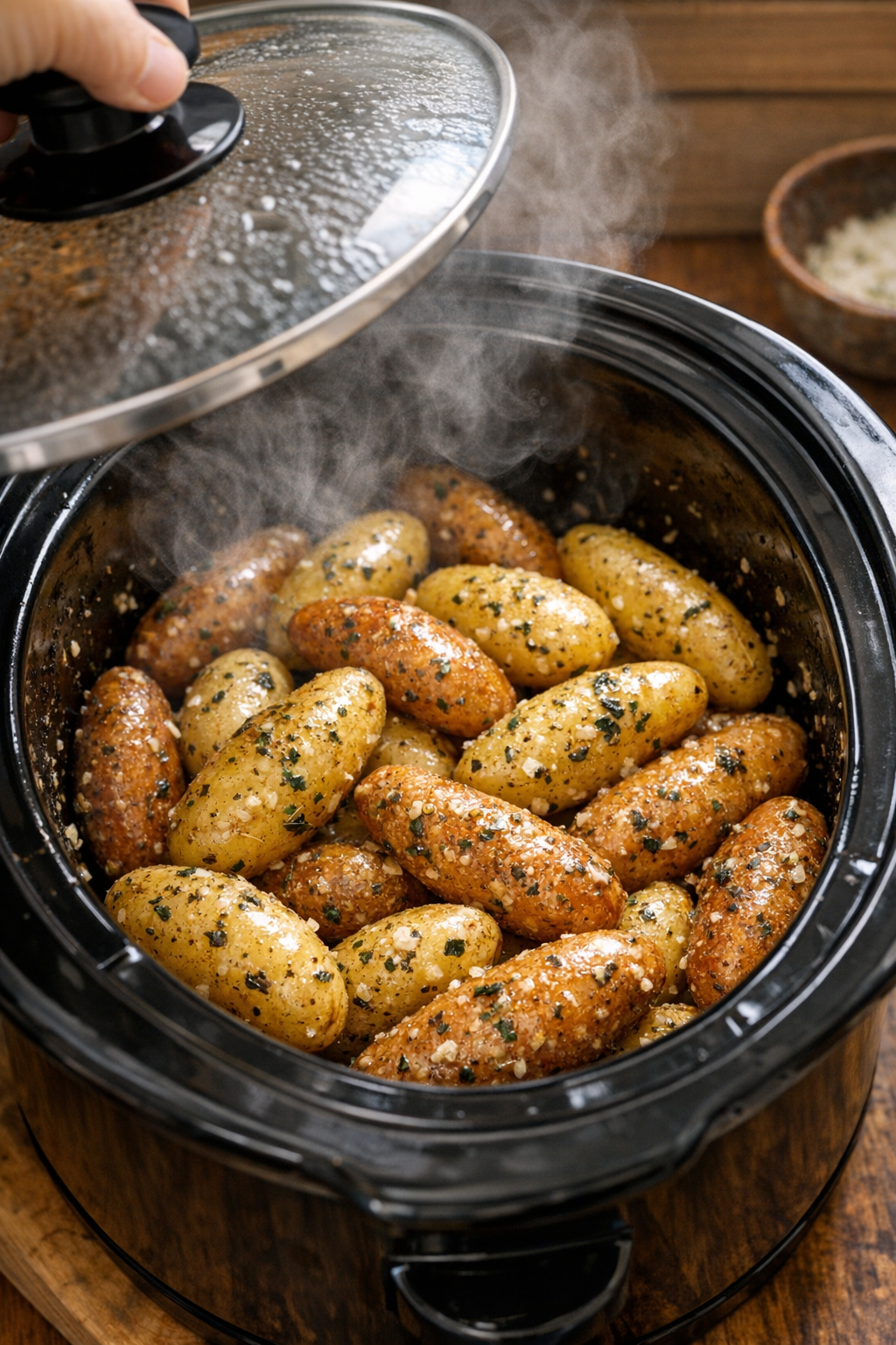 Tender seasoned potatoes cooking in the slow cooker