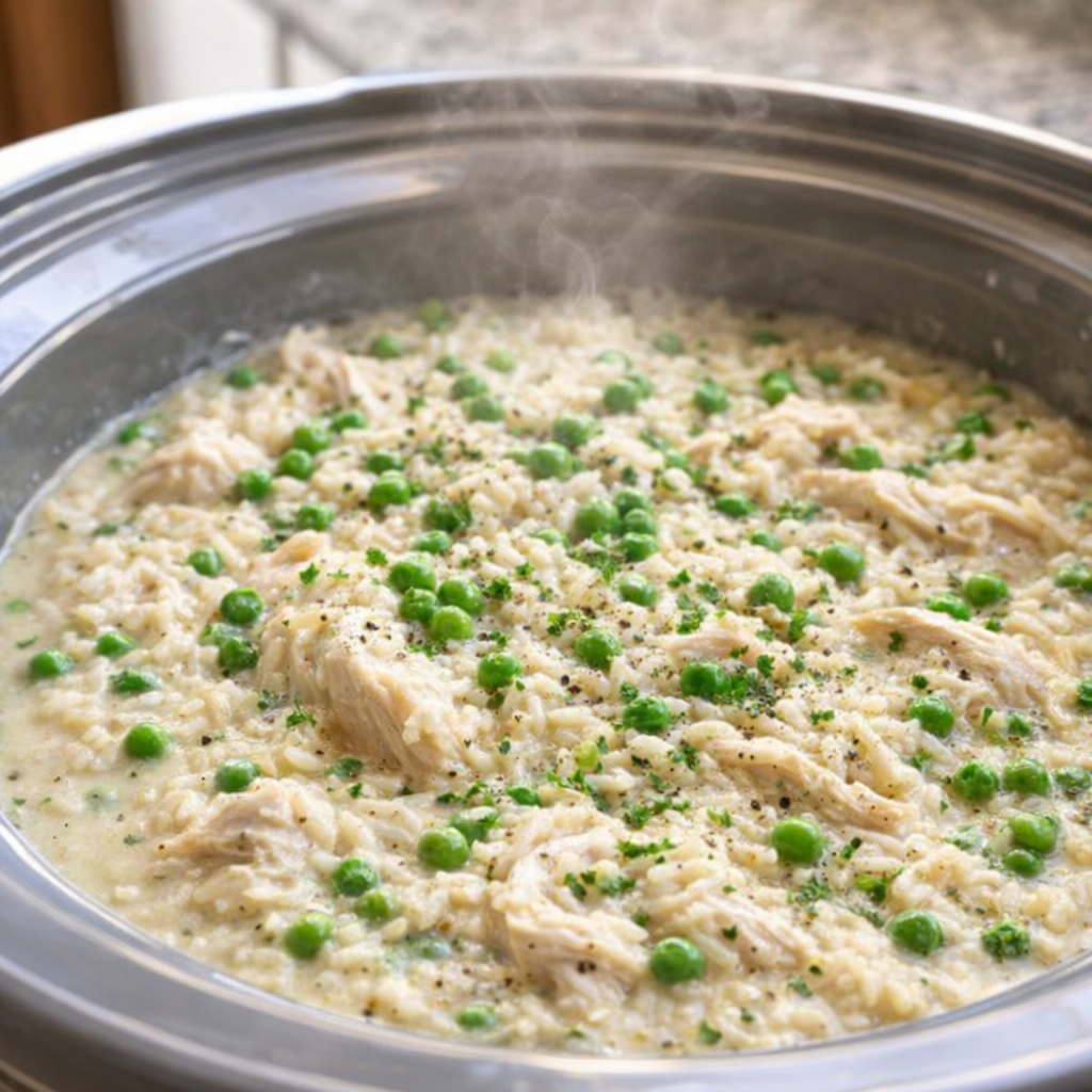 Finished chicken and rice in a slow cooker with peas