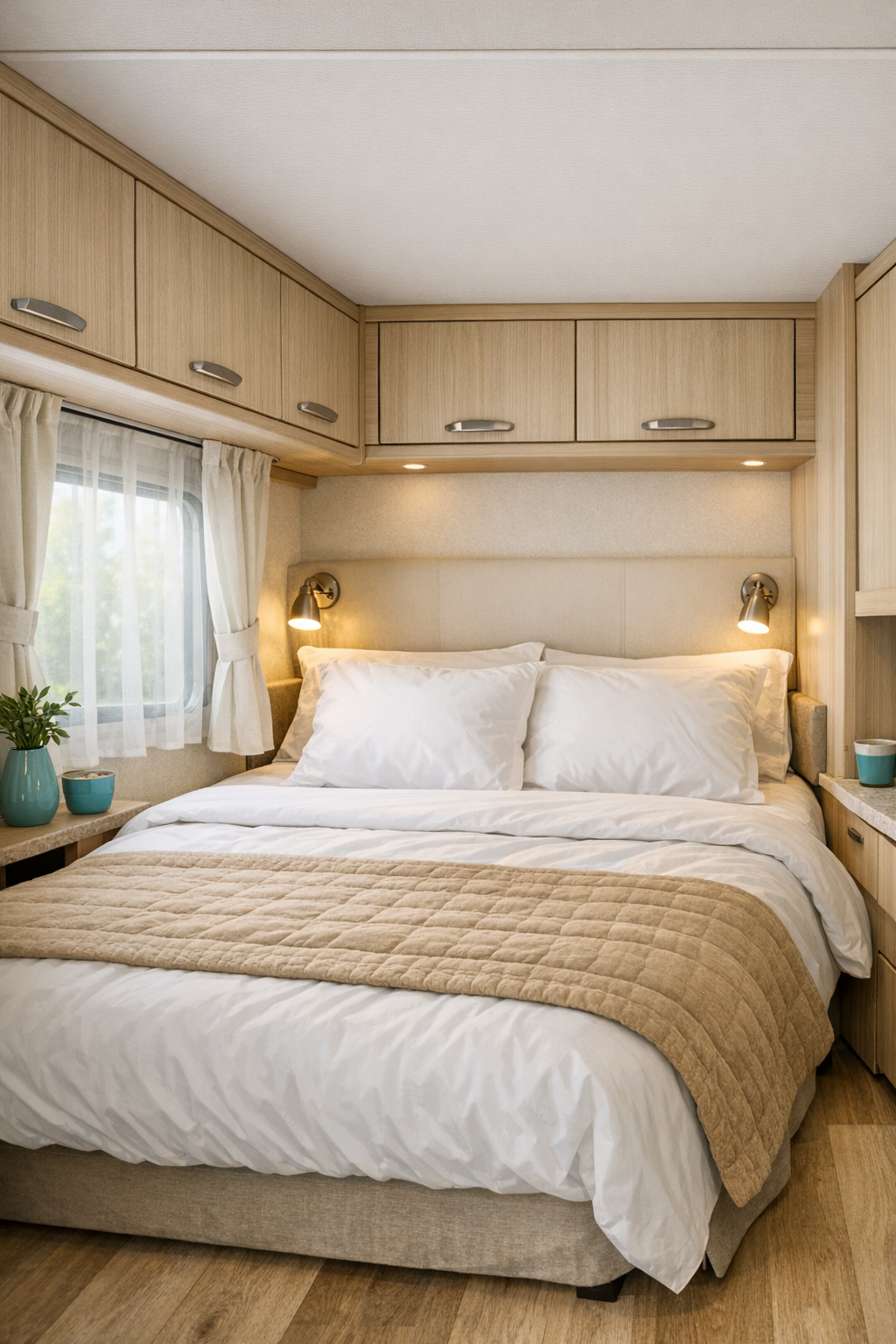 Cozy RV bedroom with low bed and built-in storage