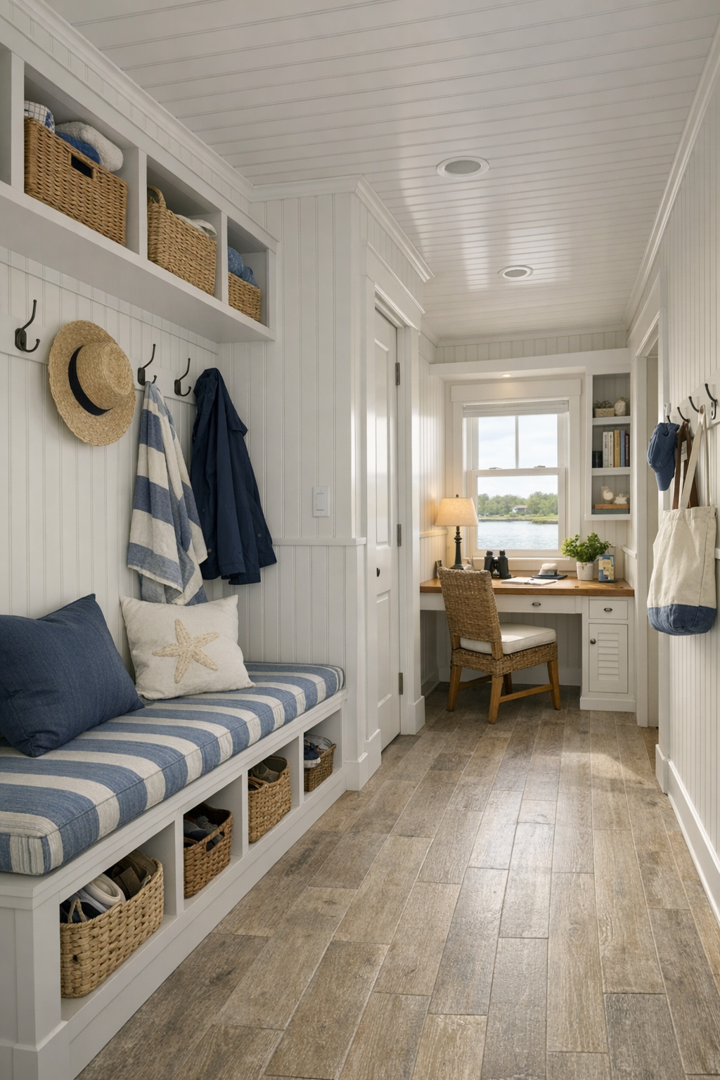 Beadboard corridor and entry nook with built-in bench and storage