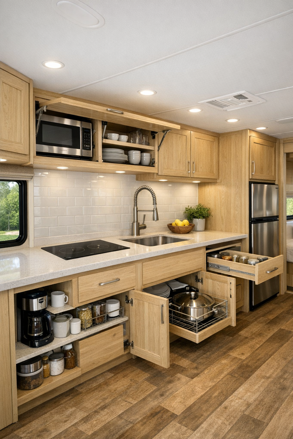 Compact accessible RV camper kitchen with pale oak cabinets and soft quartz countertops