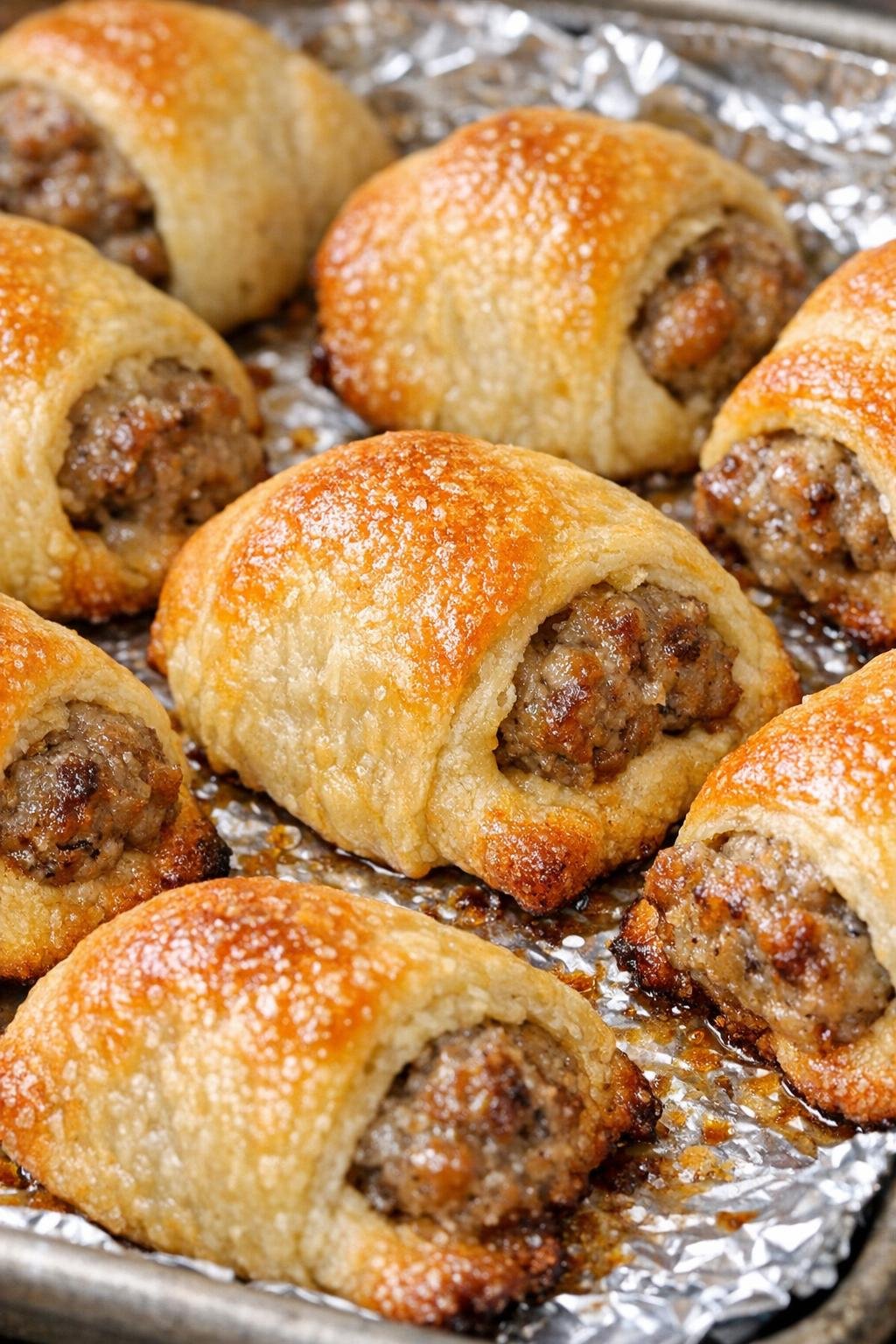 Southern 3-ingredient sausage crescent bites on a foil-lined baking tray