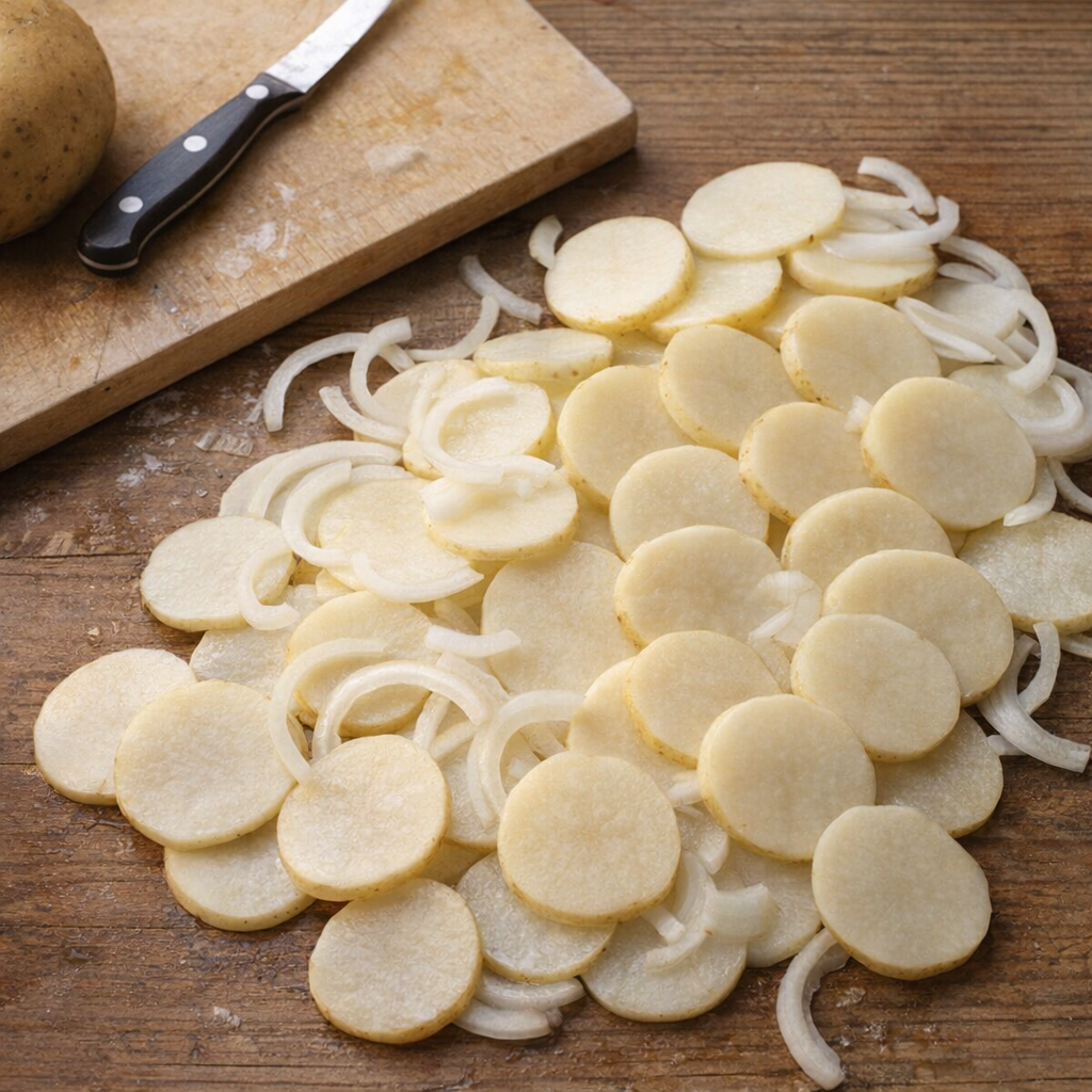 Sliced potatoes and onion on a worn farmhouse counter