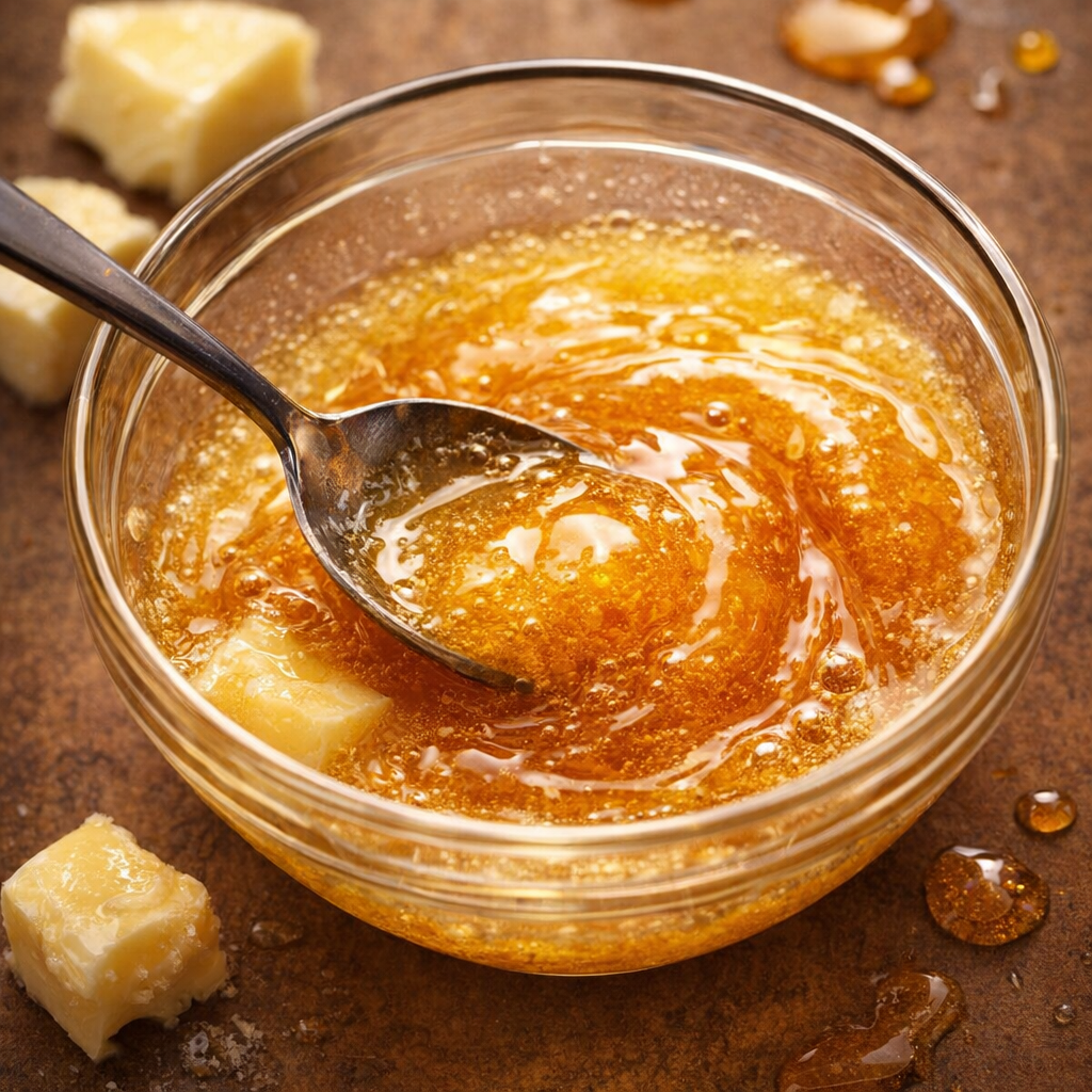 Honey and melted butter being stirred together in a bowl