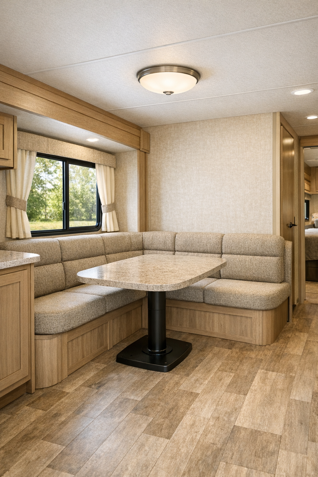 RV dining nook with banquette seating and pedestal table
