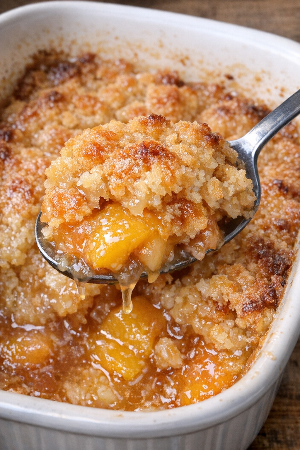 Warm peach dessert with golden crust