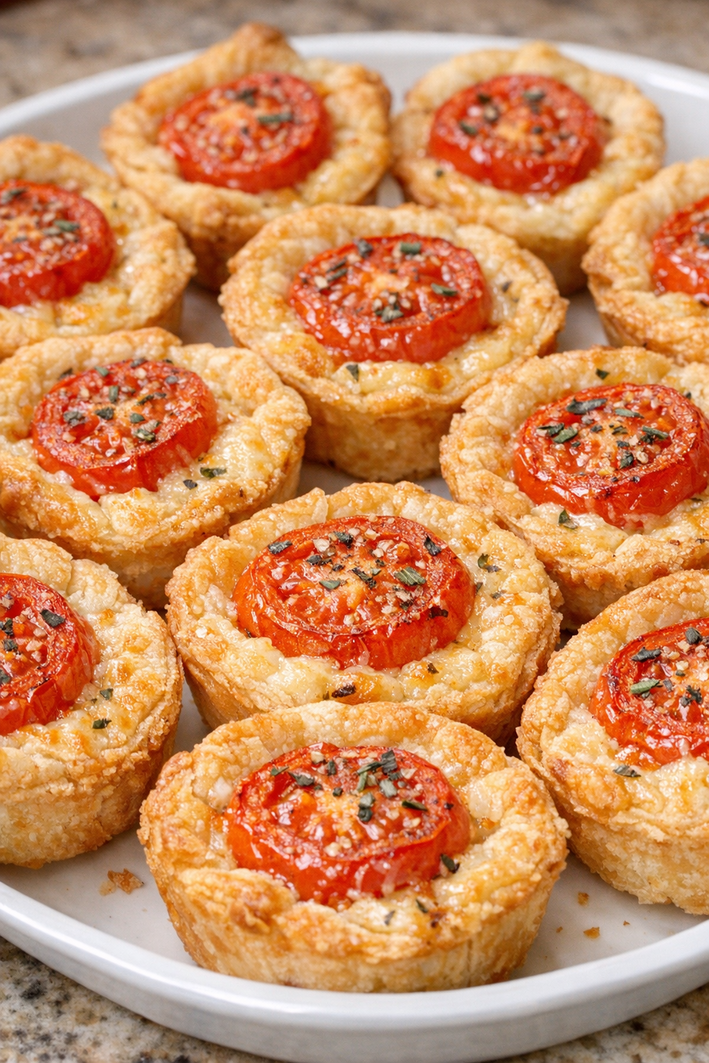Southern tomato pie bites on a serving tray