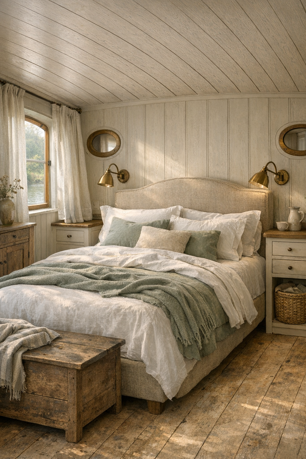 Soft French country bedroom with linen bed, paneled wall, and built-in storage on a houseboat