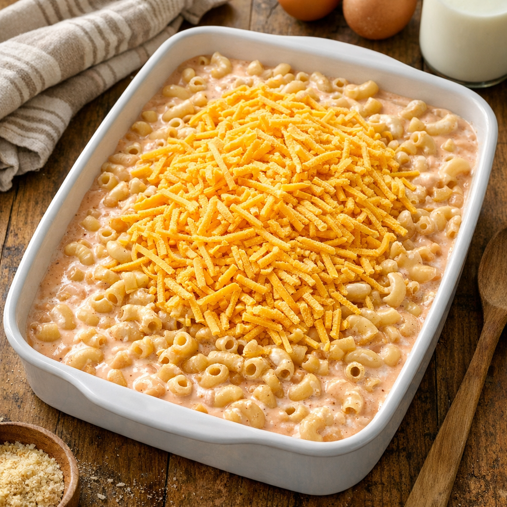 Thousand island dressing, milk, and cheese added over uncooked macaroni