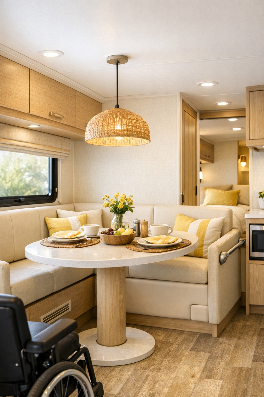 Accessible RV dining nook with built-in banquette and round pedestal table