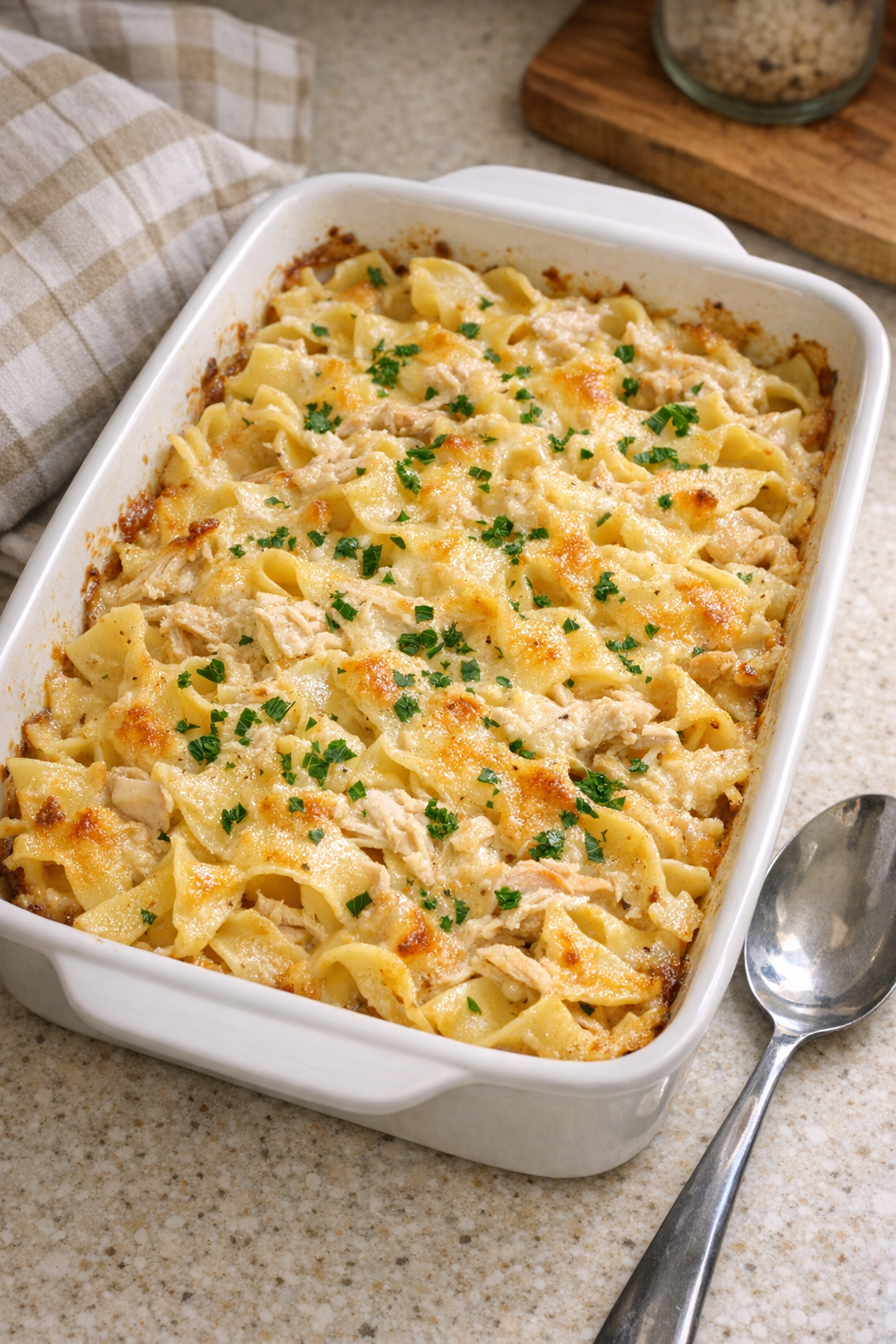 Finished creamy chicken noodles baked in a casserole dish
