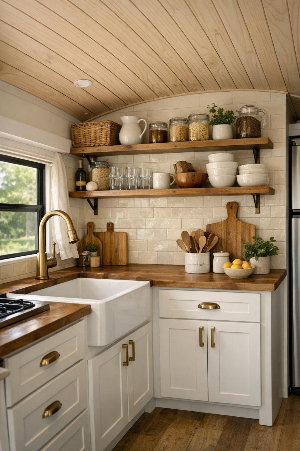 Compact bus kitchen with white cabinets, butcher block counters, and apron-front sink