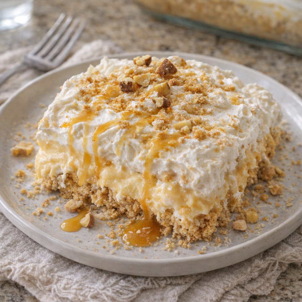 Slice of butterscotch lush topped with caramel and crumbs
