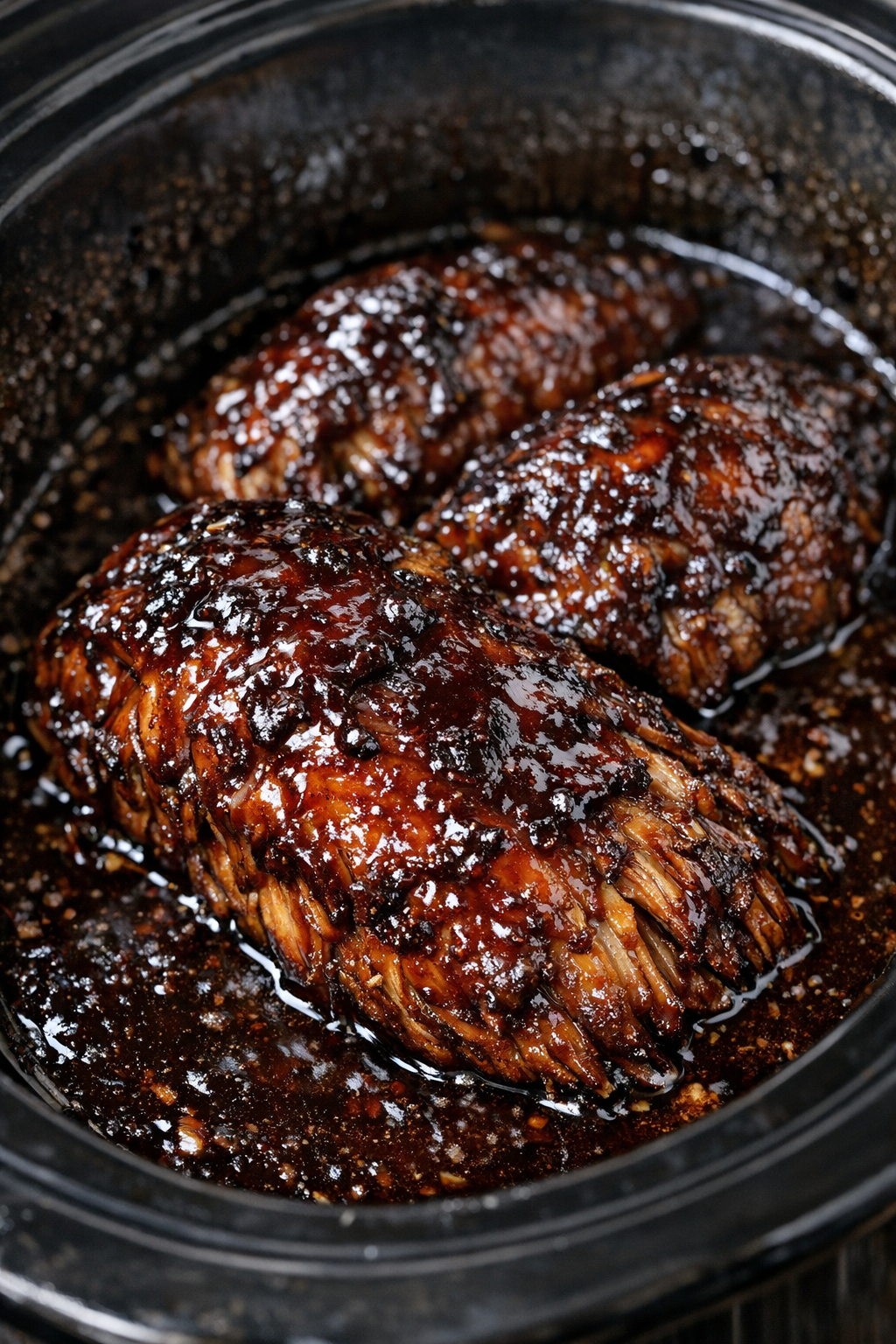 Slow cooker glazed fibrous protein in mahogany sauce