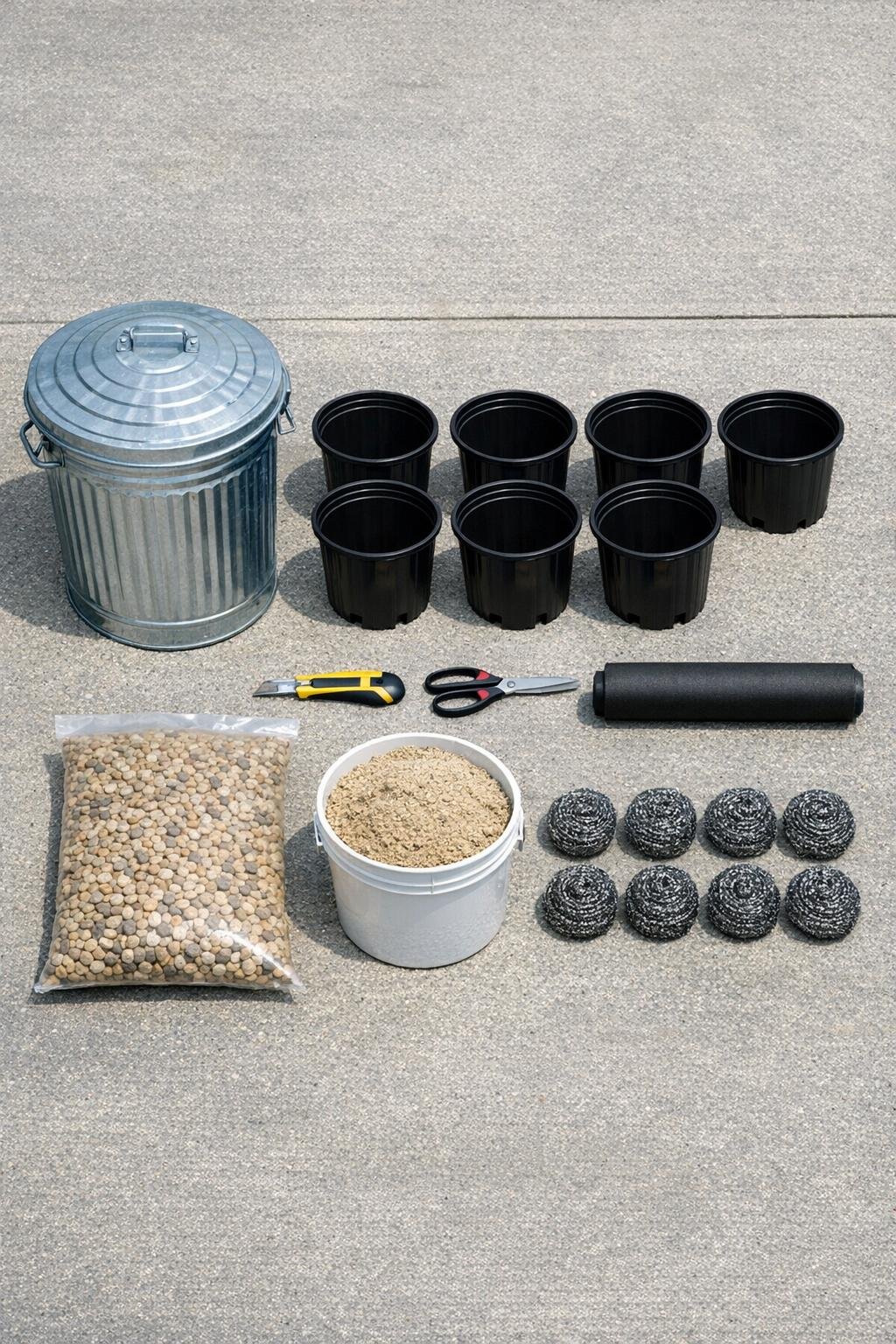 Galvanized trash can, black nursery pots, utility knife, landscape fabric, gravel, sand, and steel wool pads laid out for the project