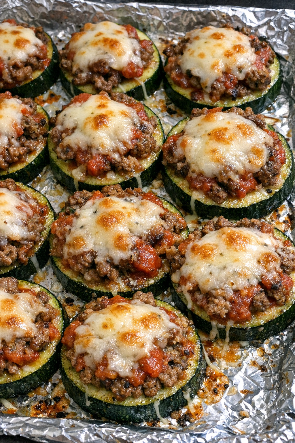 Oven baked beef zucchini bites on a foil-lined baking sheet