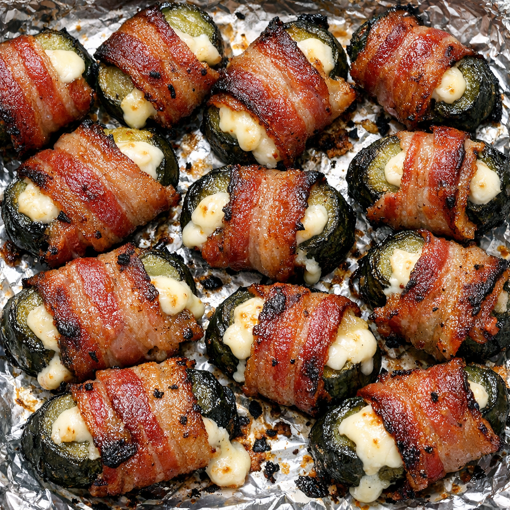 Low carb 3-ingredient bacon pickle bites baked until crisp