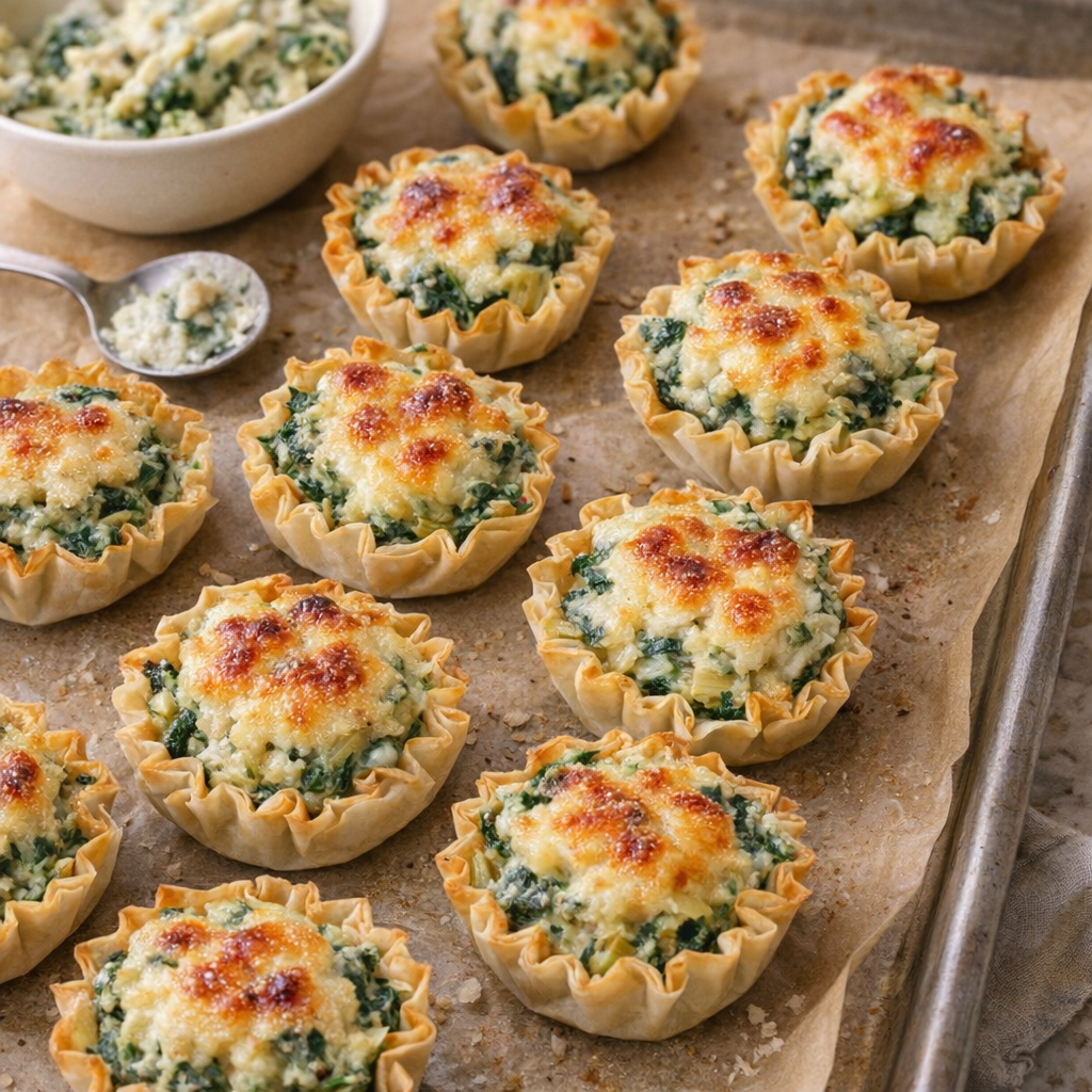 Unbaked phyllo shells filled with spinach artichoke mixture on a sheet pan