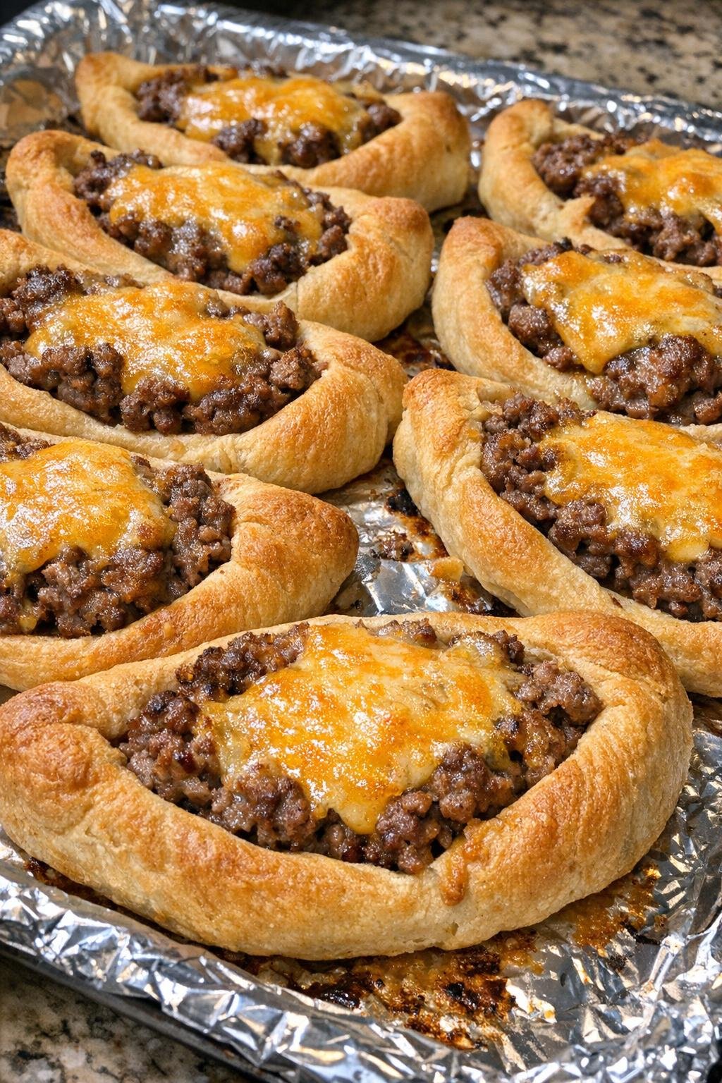 Finished beef crescent boats with melted cheddar