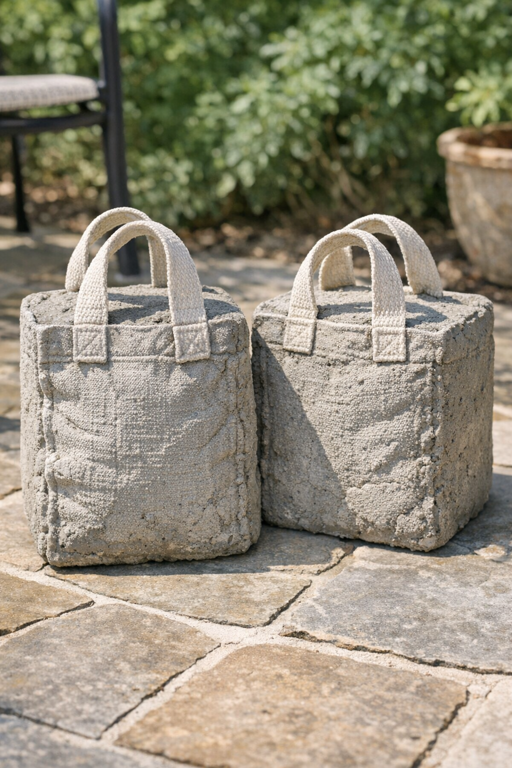 Finished pair of textured cement yard weights made from canvas tote bags