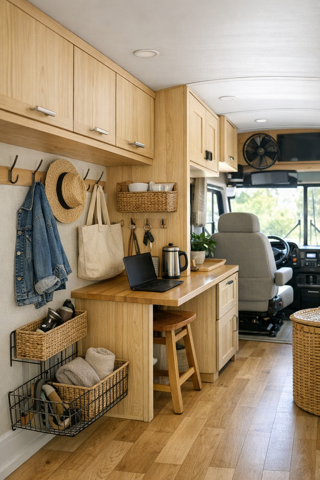Smart utility and transition area inside a converted bus with storage and flexible workspace