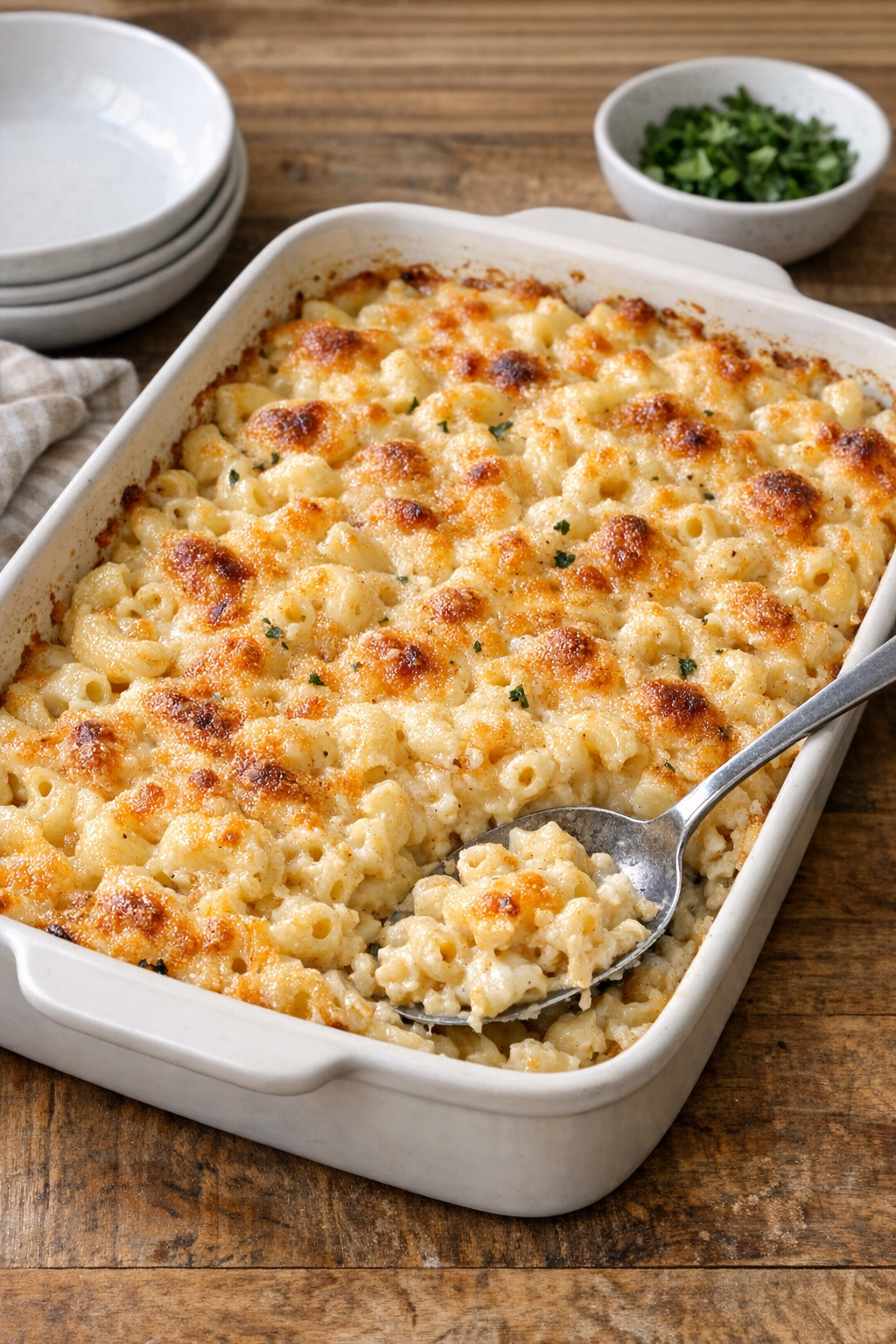 Finished baked ranch macaroni in a casserole dish