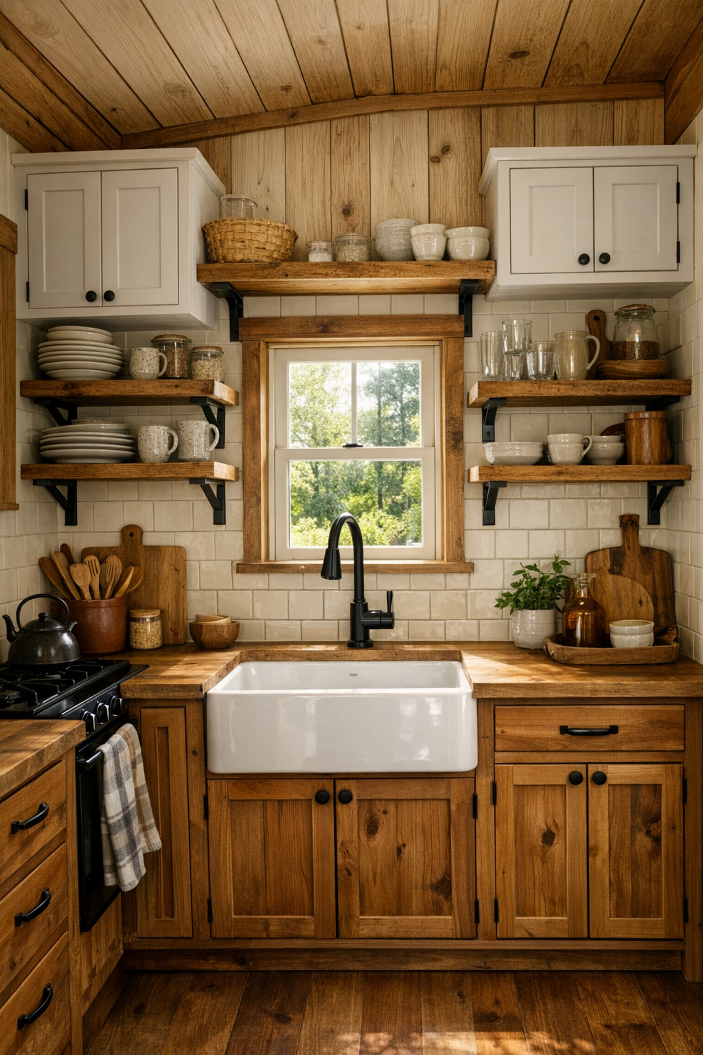Handcrafted barn-style tiny home kitchen with butcher block counters, apron-front sink, and open shelving
