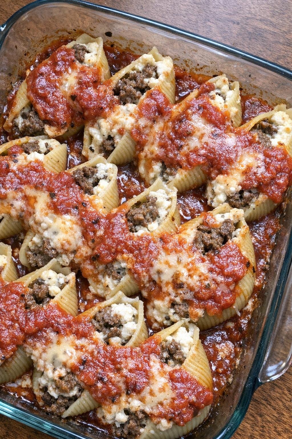 Baked beef stuffed shells with marinara and ricotta