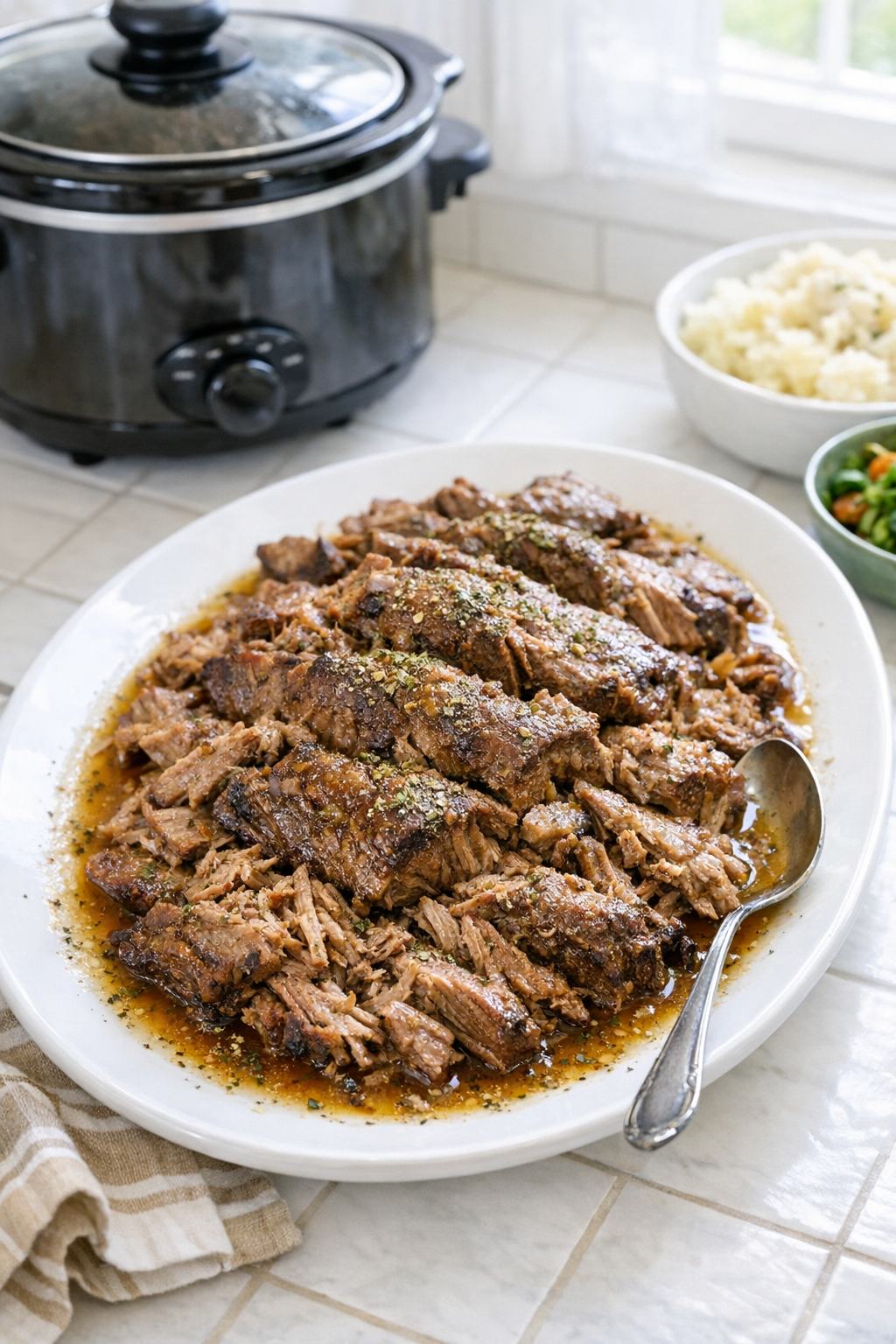 Finished Amish marjoram beef plated with cooking juices