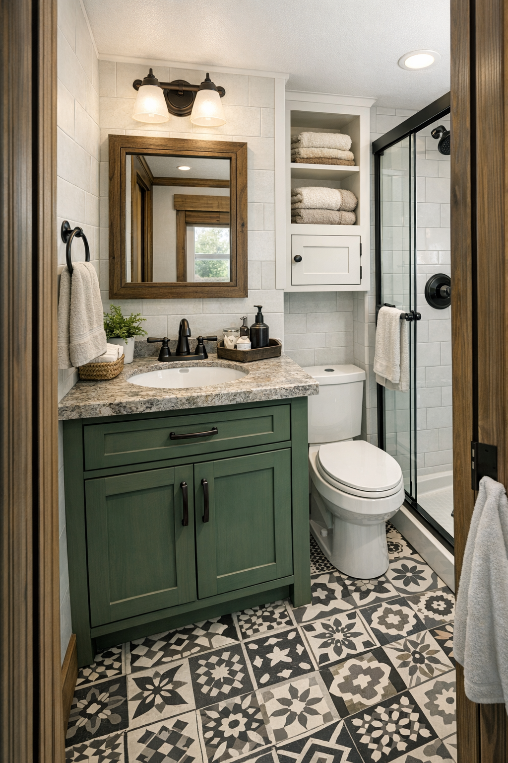 Compact craftsman bathroom with light tile, painted vanity, and polished small-space details