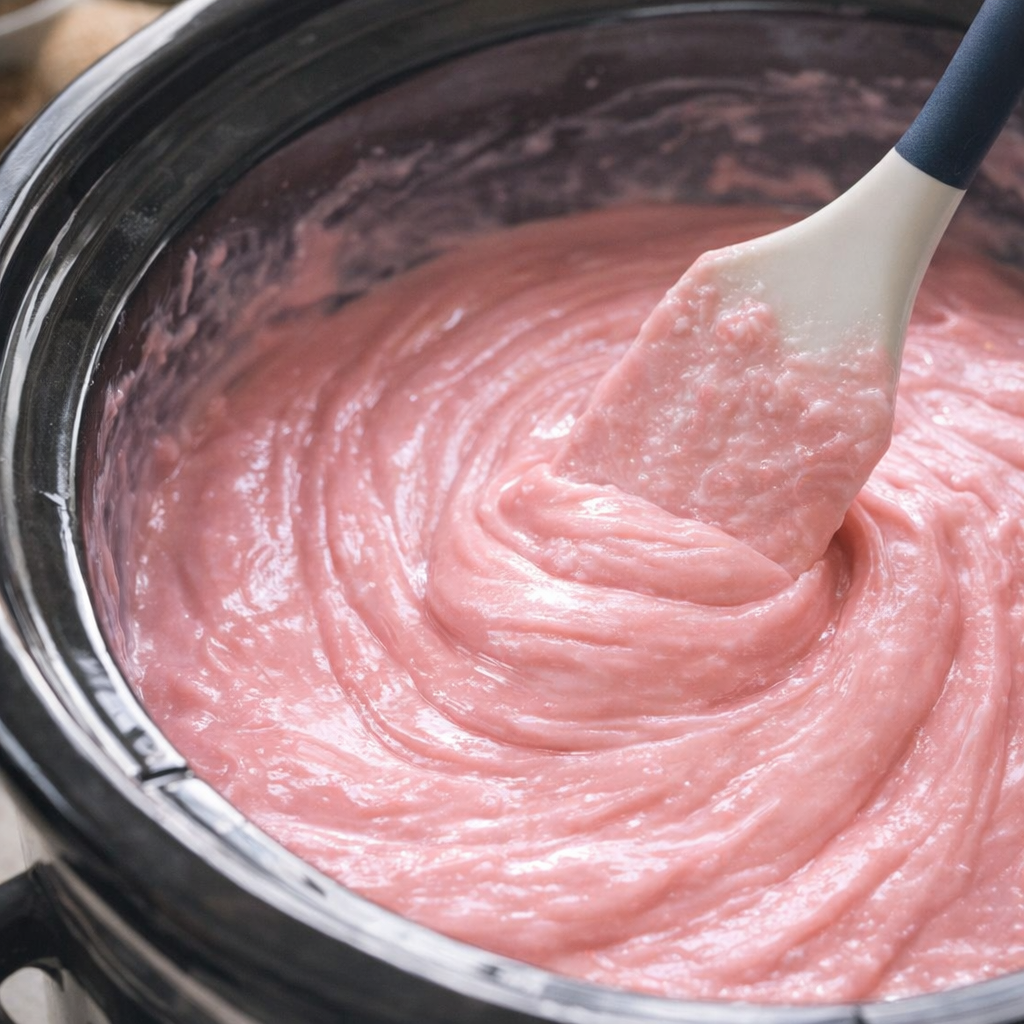 Glossy pink fudge mixture being stirred in a slow cooker