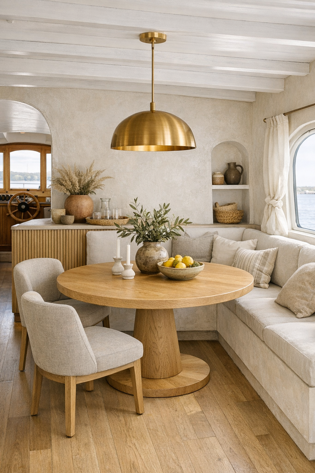 Light-filled dining room with round oak table and soft Mediterranean finishes