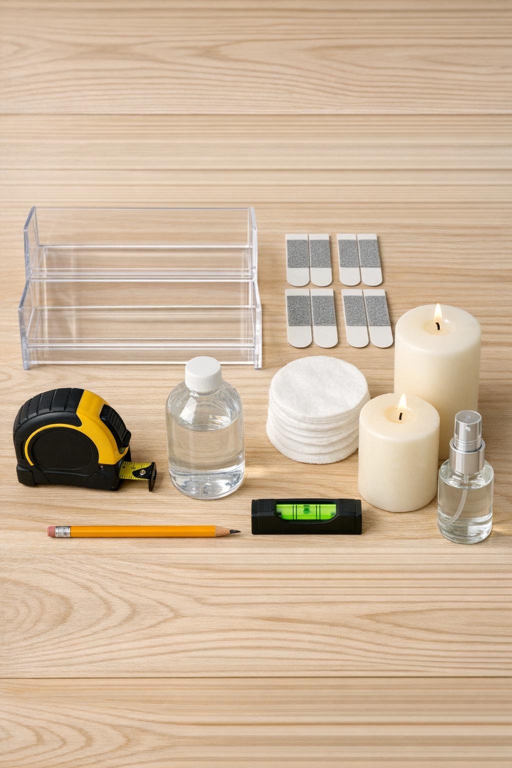 Materials for making a candle shelf inside a closet door