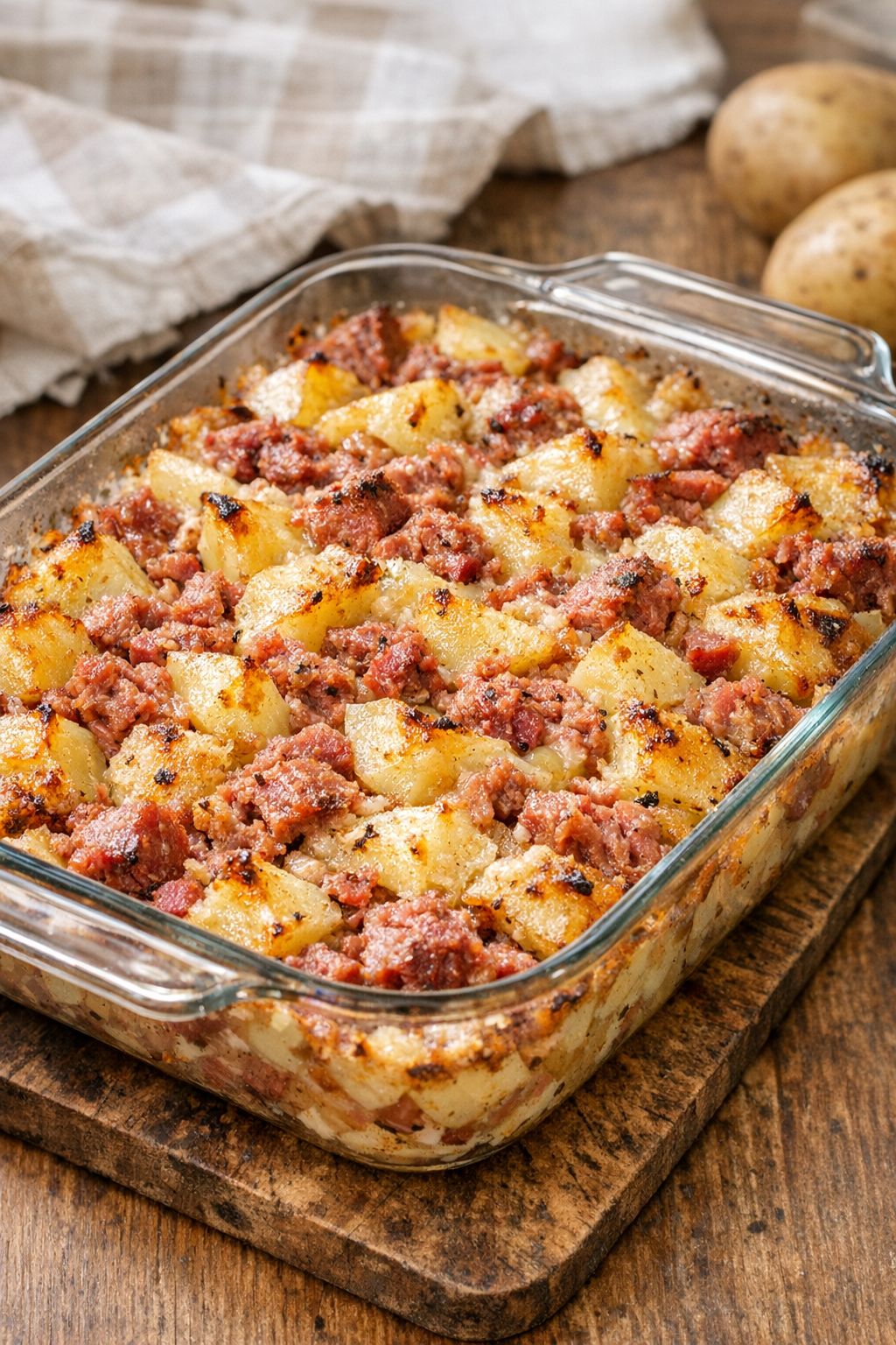 Baked corned beef potato casserole browned on top