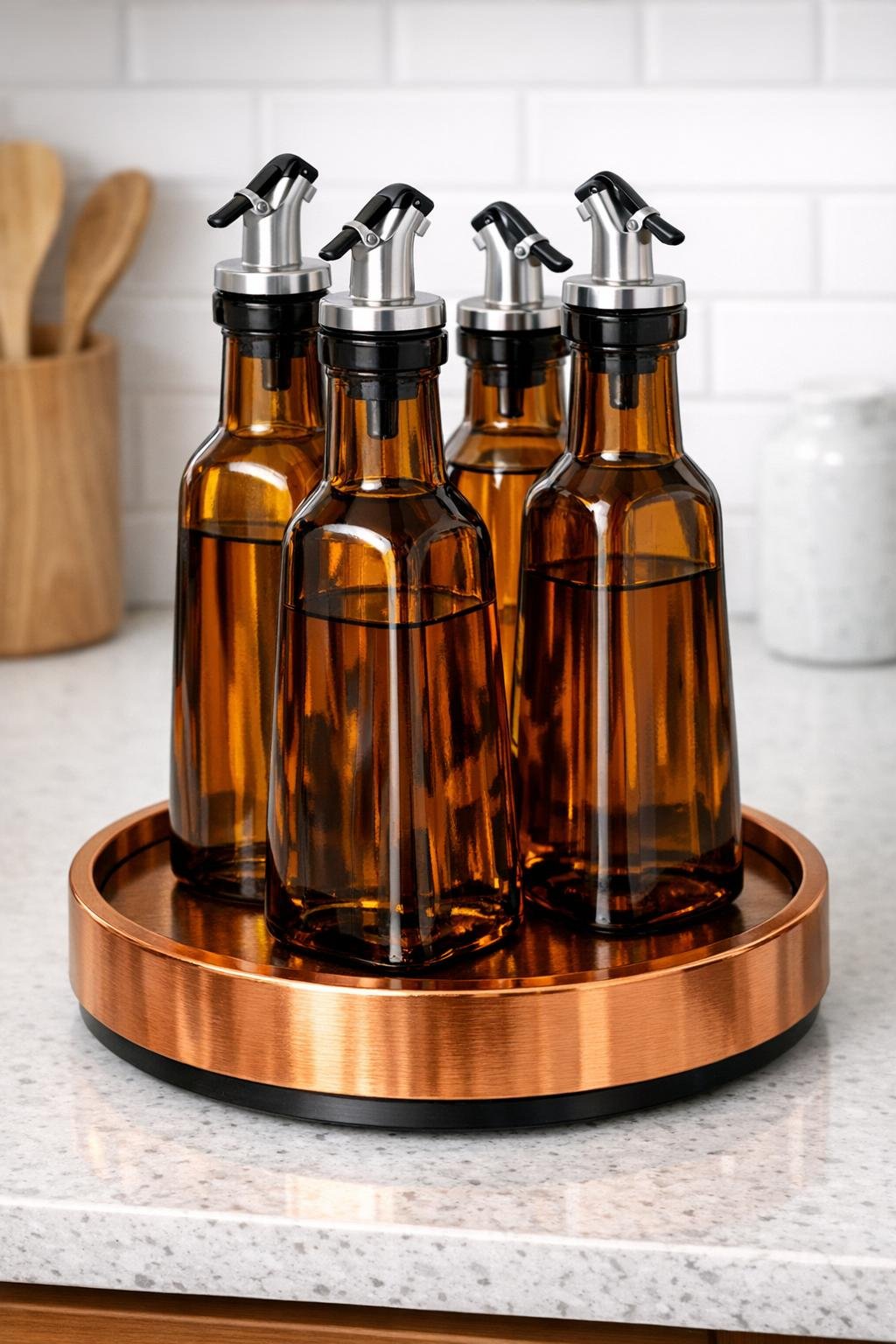 Finished copper lazy susan oil bottle display with amber glass cruets
