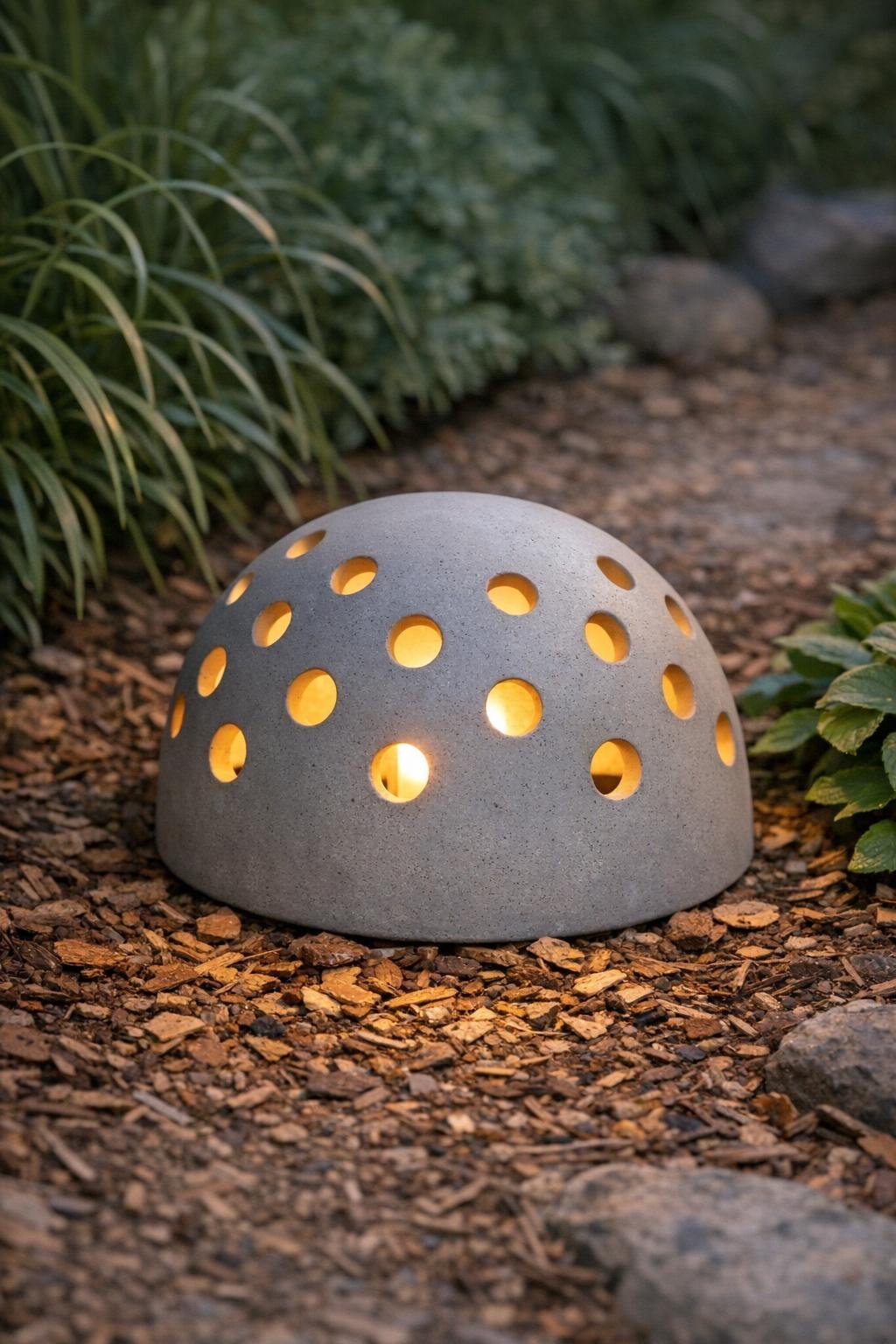 Finished dotted cement garden luminary in a garden setting