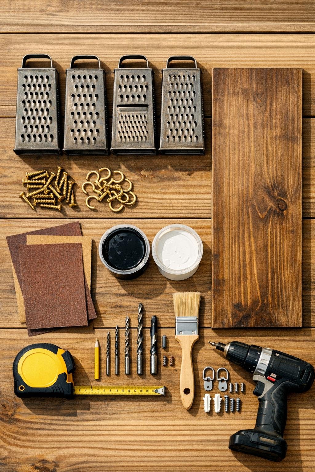 Old cheese graters, wood board, screws, hooks, sandpaper, paint, and hanging hardware laid out for the project