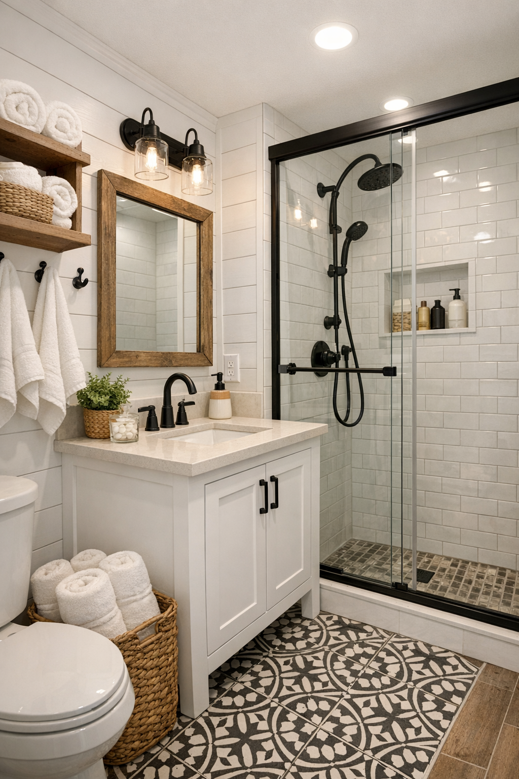 Compact farmhouse bathroom with shaker vanity, black fixtures, tiled shower, and bright clean finishes